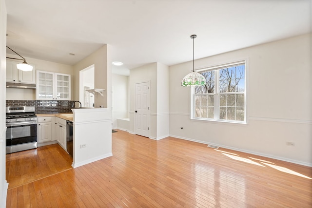 2543 Oneida Ln, Naperville, IL 60563 - kitchen featuring tasteful backsplash, stainless steel gas range, under cabinet range hood, light wood-style floors, and dishwasher