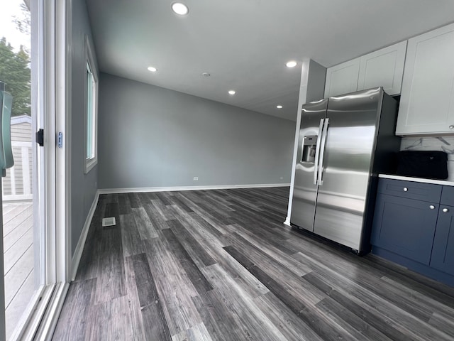 1170 Singleton Dr, Roselle, IL 60172 - kitchen with stainless steel refrigerator with ice dispenser, dark wood-style floors, recessed lighting, baseboards, and open floor plan