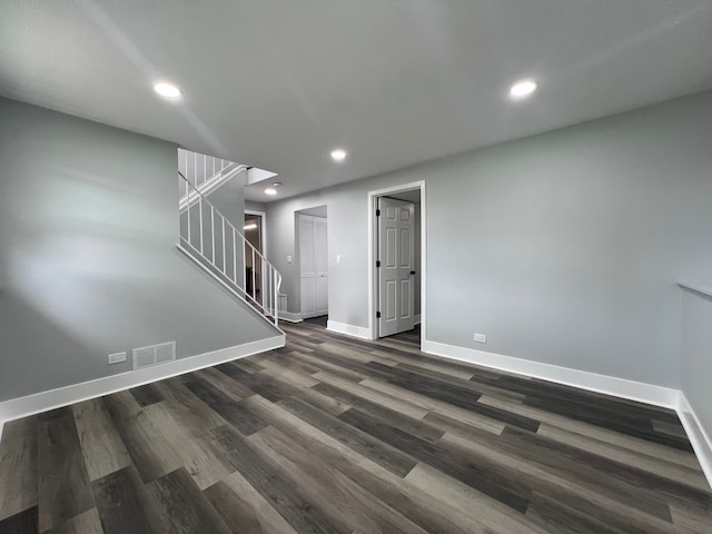 1170 Singleton Dr, Roselle, IL 60172 - empty room with baseboards, dark wood-type flooring, stairway, and recessed lighting