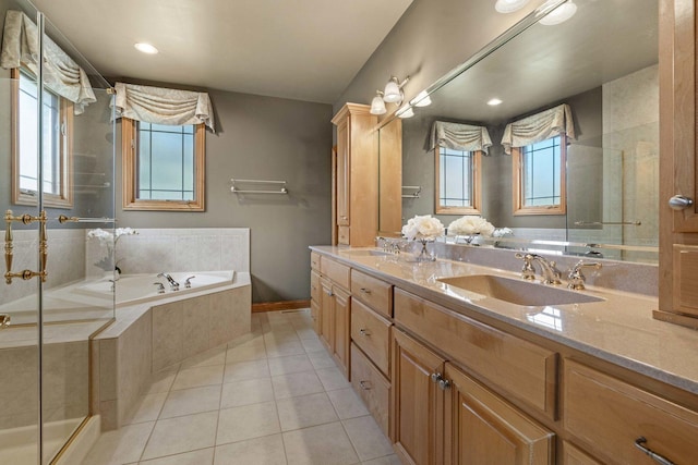 10440 Deer Chase Ave, Orland Park, IL 60467 - bathroom with a bath, tiled shower, a sink, and tile patterned floors