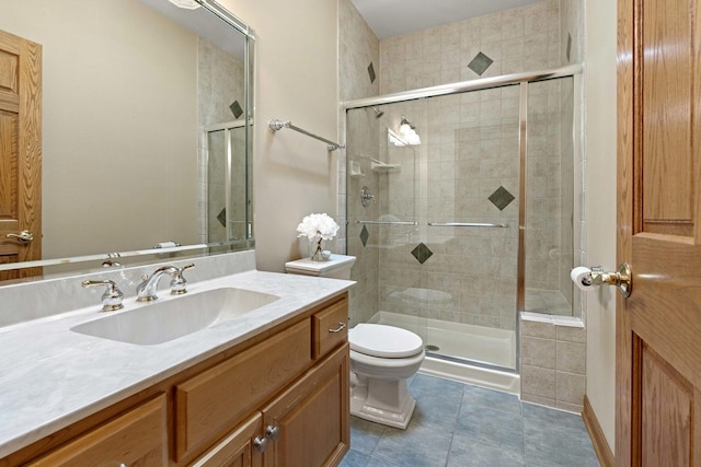 10440 Deer Chase Ave, Orland Park, IL 60467 - bathroom with toilet, a shower stall, tile patterned flooring, and vanity