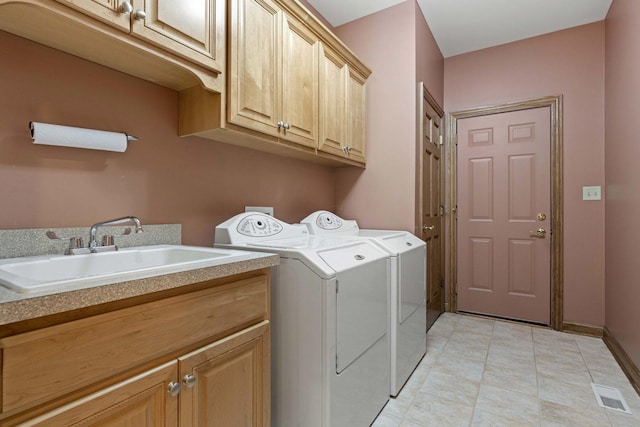 10440 Deer Chase Ave, Orland Park, IL 60467 - washroom with separate washer and dryer, light tile patterned flooring, visible vents, cabinet space, and a sink