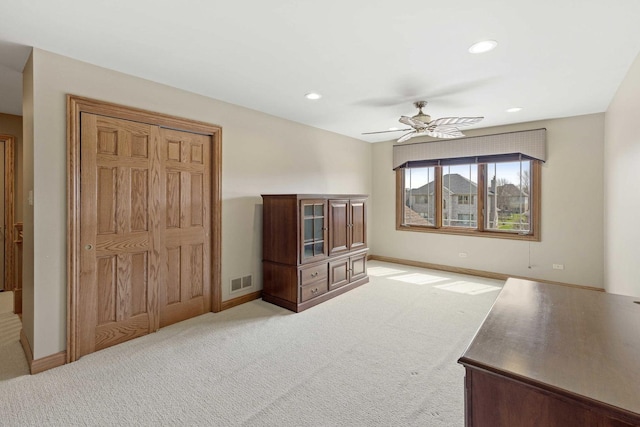 10440 Deer Chase Ave, Orland Park, IL 60467 - unfurnished living room with light carpet, ceiling fan, visible vents, and recessed lighting