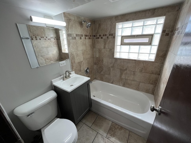 full bath featuring toilet,  shower combination, tile patterned flooring, and vanity