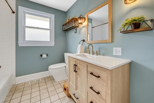bathroom with tile patterned flooring, visible vents, toilet, vanity, and baseboards