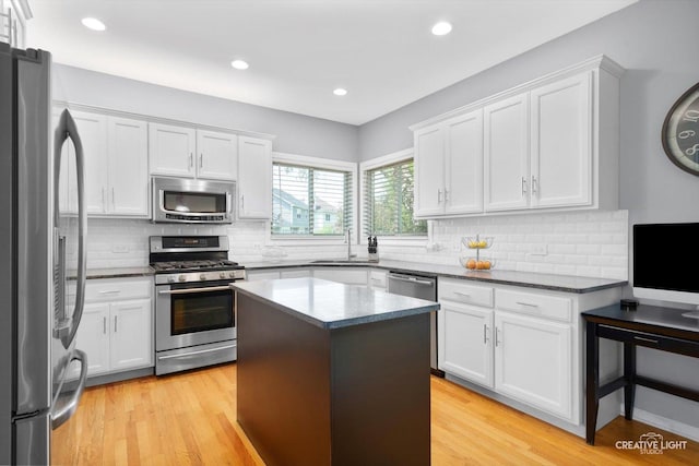 kitchen with appliances with stainless steel finishes, white cabinets, decorative backsplash, a sink, and recessed lighting