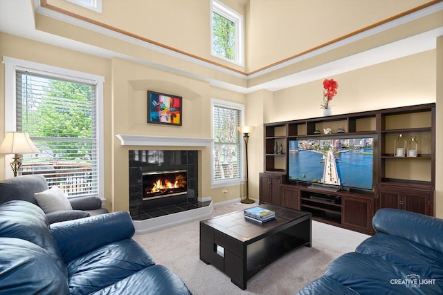 carpeted living room featuring healthy amount of natural light, a fireplace, a high ceiling, and baseboards