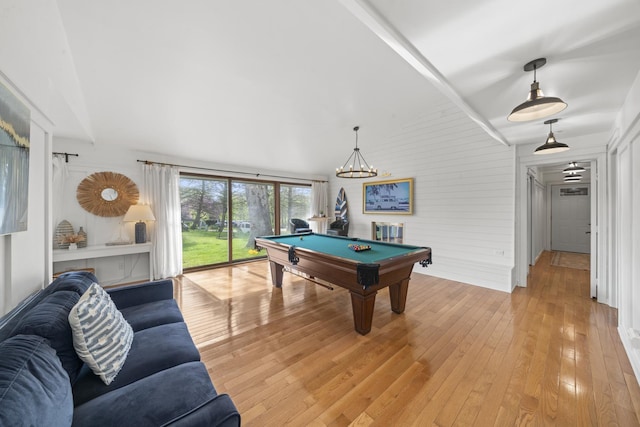209 Oak Cv, Lake Holiday, IL 60552 - playroom featuring wooden walls, an inviting chandelier, billiards, light wood-type flooring, and vaulted ceiling