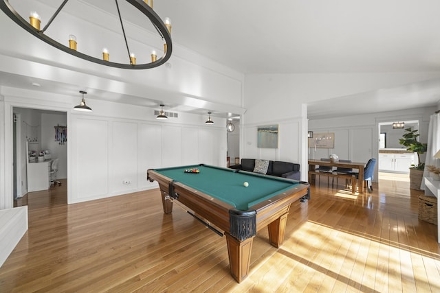 209 Oak Cv, Lake Holiday, IL 60552 - rec room featuring a decorative wall, high vaulted ceiling, billiards, light wood-type flooring, and visible vents