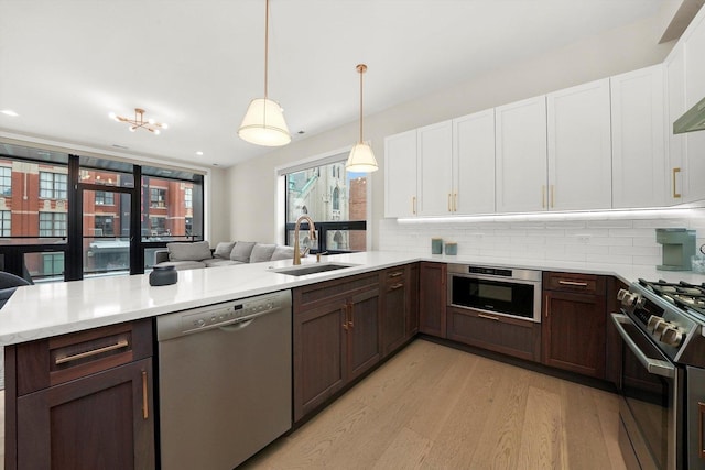 kitchen with a sink, open floor plan, appliances with stainless steel finishes, dark brown cabinetry, and light wood-style flooring