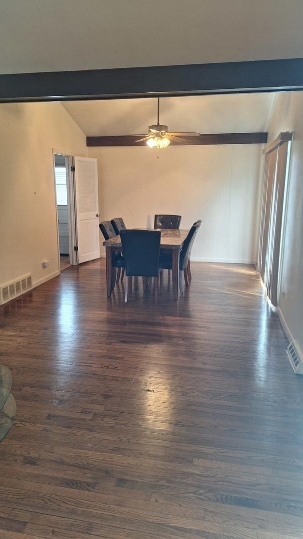 1344 Jeffery Dr, Homewood, IL 60430 - dining area with ceiling fan, lofted ceiling with beams, dark wood finished floors, and visible vents