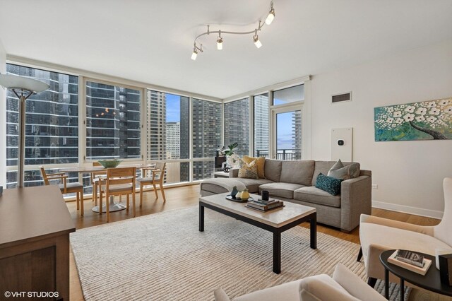 505 N Mcclurg Ct Unit 1801, Chicago, IL 60611 - living area featuring a view of city, wood finished floors, baseboards, and expansive windows