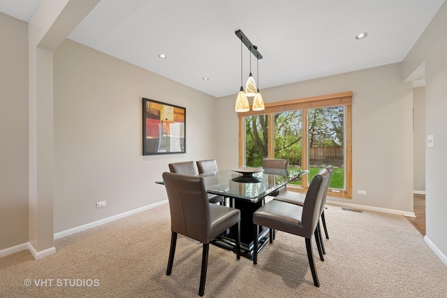 carpeted dining room with baseboards, recessed lighting, and visible vents