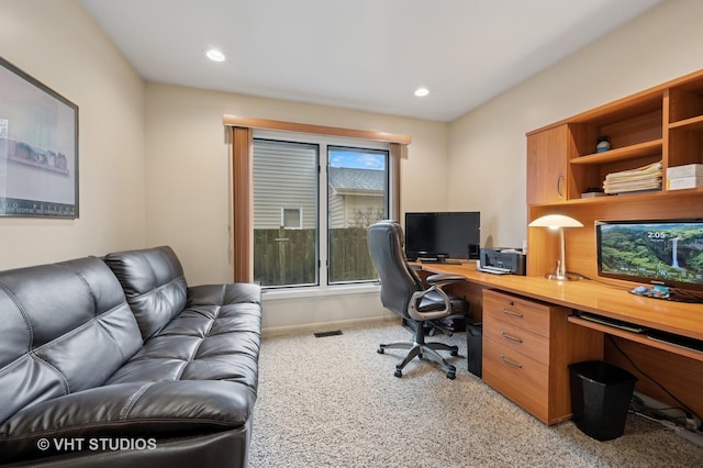 office with baseboards, recessed lighting, and light colored carpet