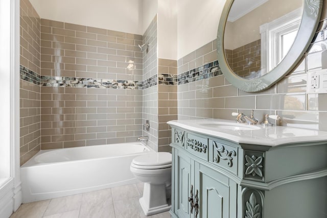 206 Franklin Pl, Rockford, IL 61103 - bathroom with vanity, toilet, shower / washtub combination, tile walls, and crown molding