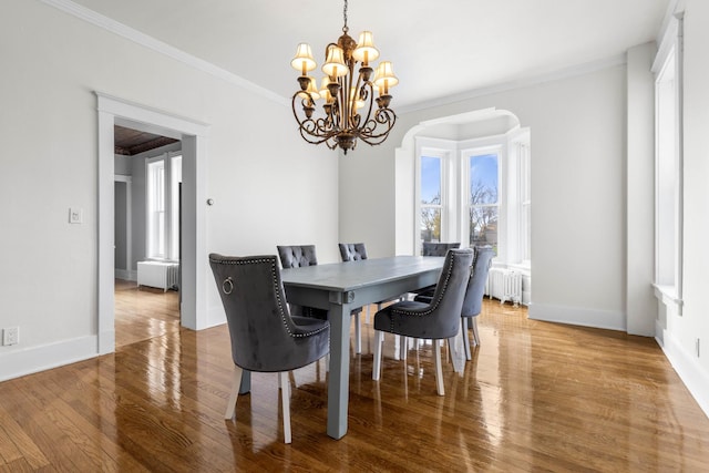 206 Franklin Pl, Rockford, IL 61103 - dining room with radiator, a chandelier, ornamental molding, wood finished floors, and baseboards