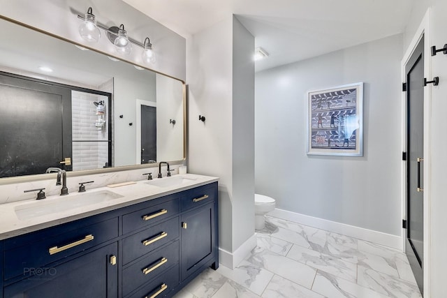 1070 W 15th St Unit 302, Chicago, IL 60608 - full bathroom featuring marble finish floors, baseboards, toilet, double vanity, and tiled shower