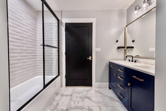 1070 W 15th St Unit 302, Chicago, IL 60608 - bathroom featuring marble look tiles, vanity, washtub / shower combination, and baseboards