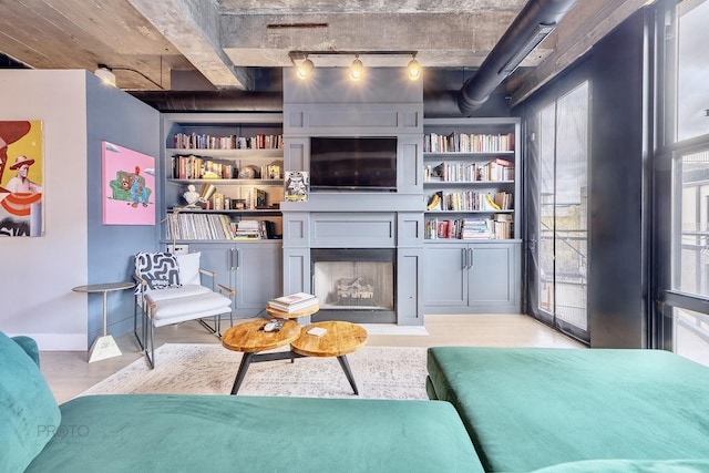 1070 W 15th St Unit 302, Chicago, IL 60608 - living area featuring a fireplace with flush hearth, wood finished floors, baseboards, and built in shelves