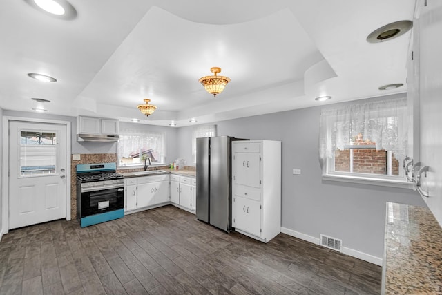 kitchen featuring under cabinet range hood, a raised ceiling, visible vents, a sink, and appliances with stainless steel finishes