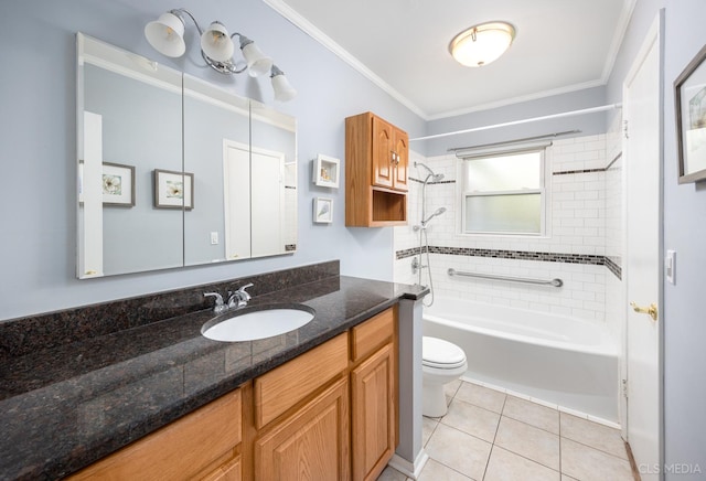 full bathroom with tub / shower combination, toilet, tile patterned floors, vanity, and ornamental molding