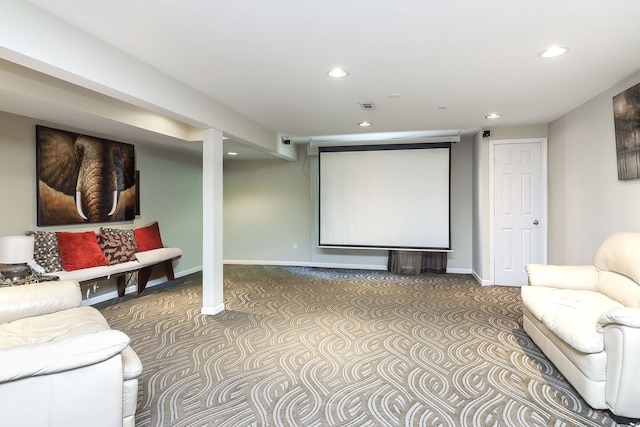 home theater room featuring recessed lighting, visible vents, and baseboards
