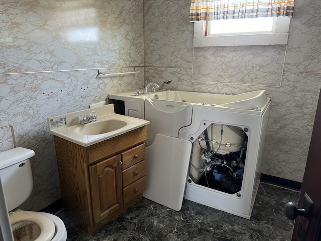 full bathroom with toilet, vanity, and a whirlpool tub
