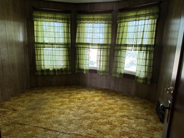carpeted spare room featuring wood walls