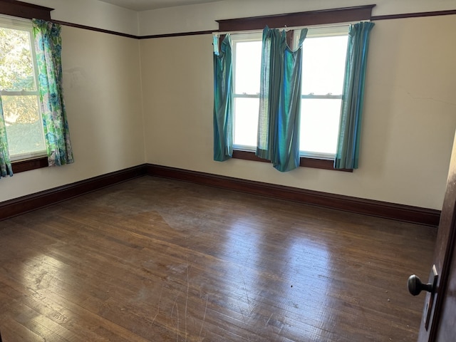 spare room with a wealth of natural light, wood finished floors, and baseboards