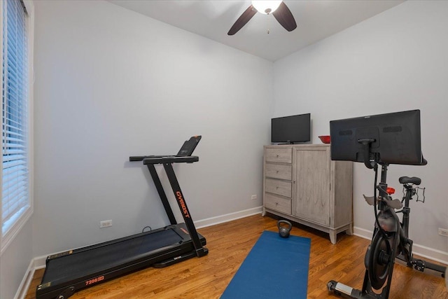 exercise room featuring ceiling fan, wood finished floors, and baseboards
