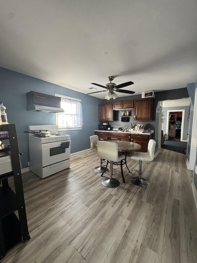 5015 N Kimberly Ave, Chicago, IL 60630 - kitchen with range hood, white gas range, light countertops, light wood-style floors, and ceiling fan