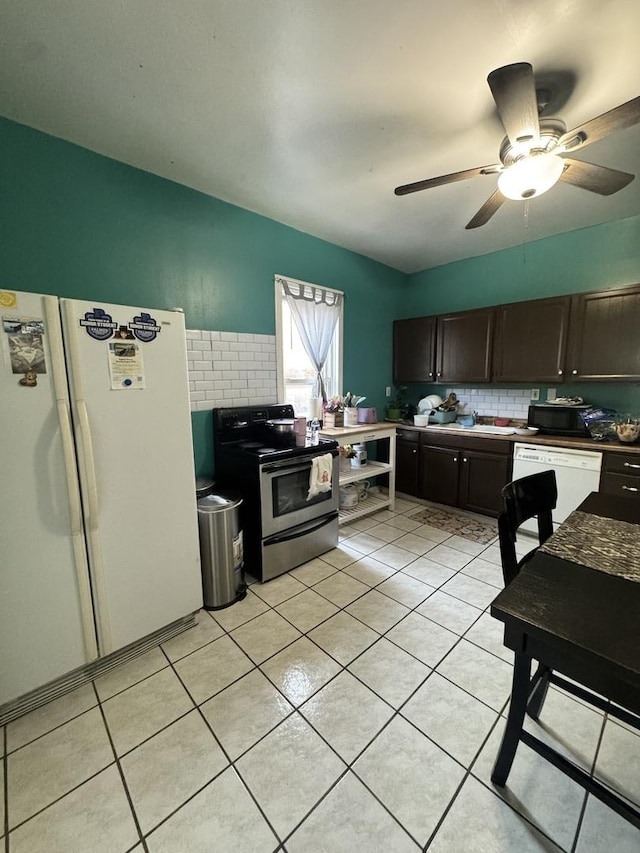 5015 N Kimberly Ave, Chicago, IL 60630 - kitchen featuring a ceiling fan, light tile patterned floors, decorative backsplash, and white appliances