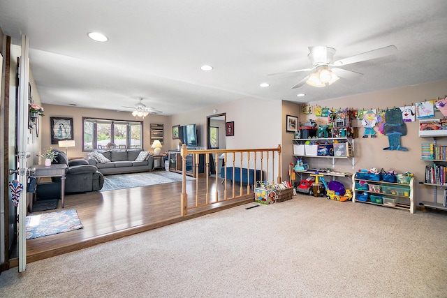 4618 W Hilltop Dr, Kankakee, IL 60901 - carpeted living area with a ceiling fan and recessed lighting