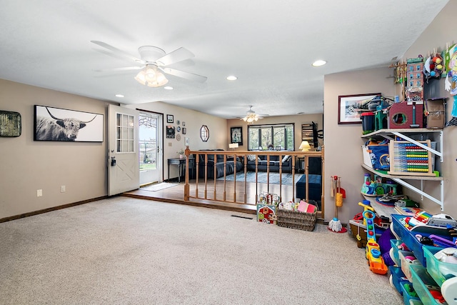 4618 W Hilltop Dr, Kankakee, IL 60901 - playroom featuring carpet flooring, ceiling fan, recessed lighting, and baseboards