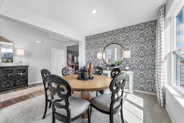 10340 Amos St, Huntley, IL 60142 - dining room featuring a healthy amount of sunlight, an accent wall, baseboards, and wallpapered walls