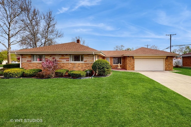 single story home with a front lawn, a chimney, brick siding, an attached garage, and driveway