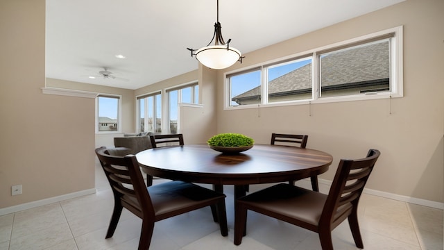 dining area with baseboards, a ceiling fan, light tile patterned floors, and recessed lighting