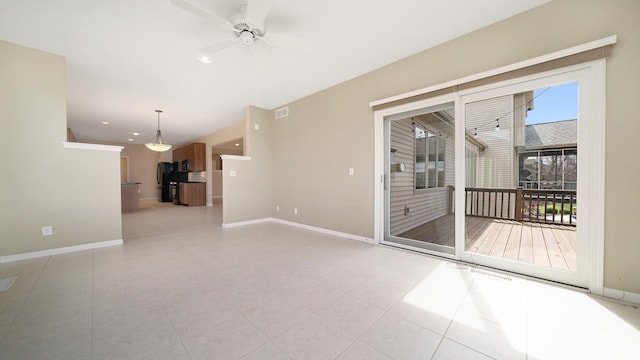 spare room with baseboards, recessed lighting, ceiling fan, and visible vents