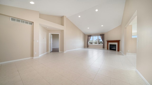 unfurnished living room featuring visible vents, recessed lighting, light tile patterned floors, and a tiled fireplace