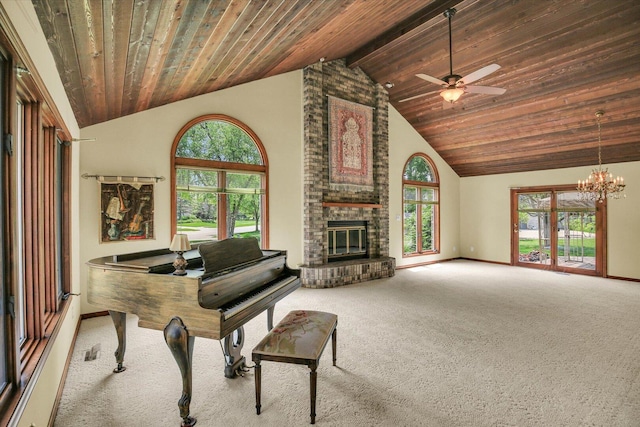 1801 Bentbrook Dr, Champaign, IL 61822 - living room with wood ceiling, carpet flooring, high vaulted ceiling, ceiling fan, and a chandelier