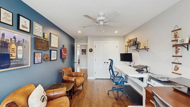 home office with recessed lighting, wood finished floors, and a ceiling fan