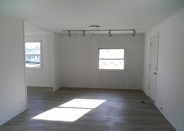 1507 Thornton Dr, Champaign, IL 61821 - spare room with rail lighting, baseboards, wood finished floors, and a healthy amount of sunlight