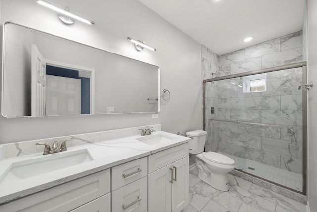 2200 N Kildare Ave, Chicago, IL 60639 - bathroom with a sink, toilet, a marble finish shower, and marble finish floor