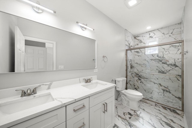 2200 N Kildare Ave, Chicago, IL 60639 - full bathroom with a sink, toilet, a marble finish shower, and marble finish floor