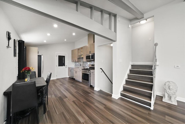 2708 Oxford Dr, Markham, IL 60426 - interior space with recessed lighting, stainless steel appliances, dark wood-type flooring, baseboards, and decorative backsplash