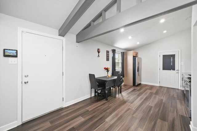 2708 Oxford Dr, Markham, IL 60426 - dining space with dark wood-type flooring, vaulted ceiling with beams, baseboards, and recessed lighting