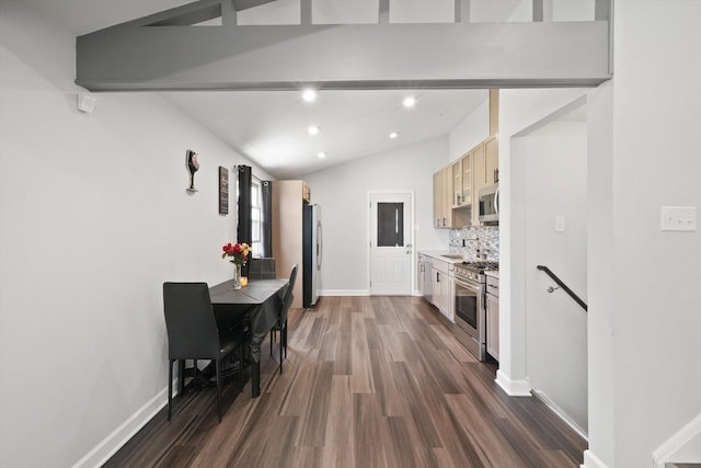 2708 Oxford Dr, Markham, IL 60426 - kitchen with light brown cabinets, tasteful backsplash, stainless steel appliances, baseboards, and dark wood-style floors