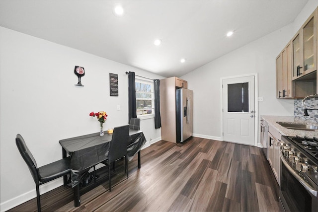 2708 Oxford Dr, Markham, IL 60426 - dining room featuring lofted ceiling, baseboards, recessed lighting, and dark wood-type flooring