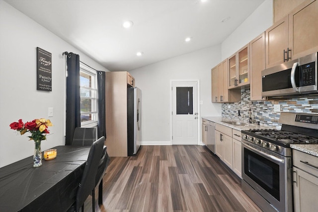 2708 Oxford Dr, Markham, IL 60426 - kitchen featuring recessed lighting, dark wood finished floors, stainless steel appliances, glass insert cabinets, and tasteful backsplash