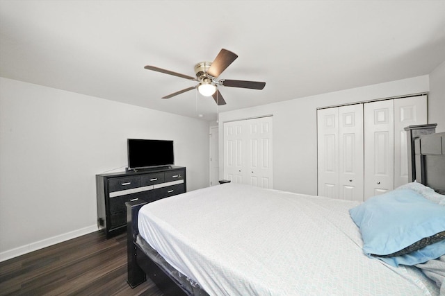 2708 Oxford Dr, Markham, IL 60426 - bedroom featuring baseboards, multiple closets, dark wood-style floors, and ceiling fan